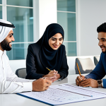 **

A group of diverse entrepreneurs, fully clothed in modest, professional attire, collaborating around a table in a modern, brightly lit co-working space decorated with Arabic calligraphy. They are reviewing financial charts and discussing business strategies. Safe for work, appropriate content, perfect anatomy, well-formed hands, natural pose, professional setting.

**