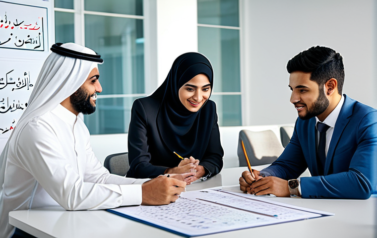 **
A group of diverse entrepreneurs, fully clothed in modest, professional attire, collaborating around a table in a modern, brightly lit co-working space decorated with Arabic calligraphy. They are reviewing financial charts and discussing business strategies. Safe for work, appropriate content, perfect anatomy, well-formed hands, natural pose, professional setting.
**