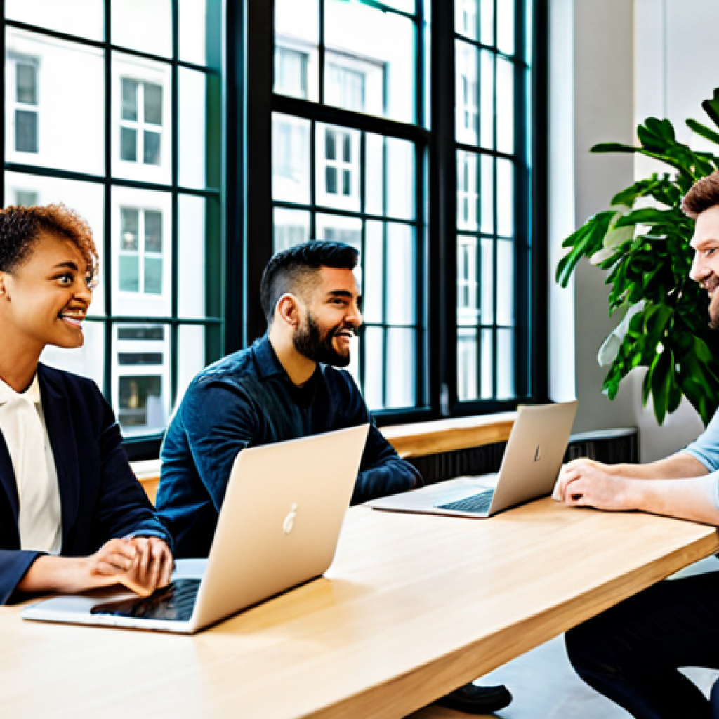 **Prompt:** A modern, brightly lit co-working space filled with diverse professionals collaborating on laptops and tablets, fully clothed, appropriate attire, safe for work, featuring green plants and large windows with natural light, perfect anatomy, natural proportions, family-friendly, professional environment.
