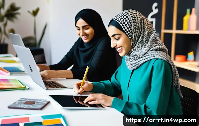 크리에이티브 허브와 크리에이티브 산업의 융합 - **Prompt:** A group of diverse young Arab professionals, both male and female, collaboratively worki...