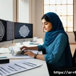 Home 21 크리에이티브 허브의 정책 및 법적 고려 사항 - A professional digital artist working in a modern Middle Eastern office space, surrounded by Arabic ...