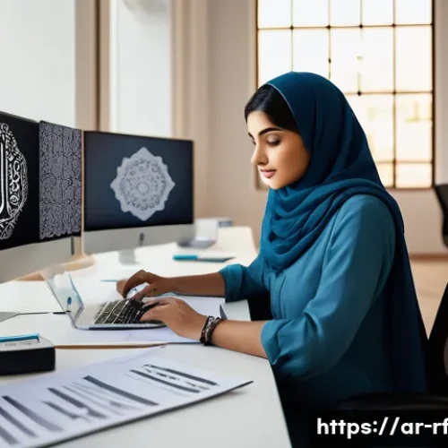 Home 33 크리에이티브 허브의 정책 및 법적 고려 사항 - A professional digital artist working in a modern Middle Eastern office space, surrounded by Arabic ...