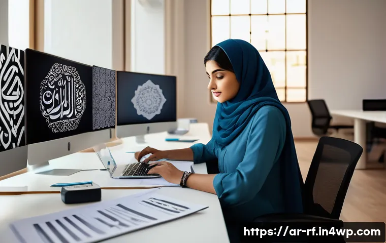 크리에이티브 허브의 정책 및 법적 고려 사항 - A professional digital artist working in a modern Middle Eastern office space, surrounded by Arabic ...