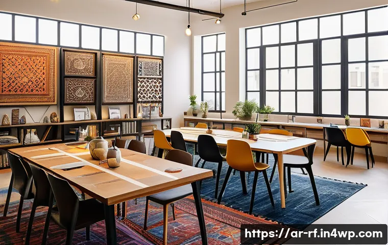 크리에이티브 허브와 예술 산업의 연계성 - A vibrant creative co-working space in a modern Middle Eastern city, featuring Arab artists and entr...