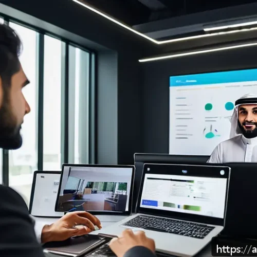 Home 31 크리에이티브 허브에서의 효율적 자원 관리 - A modern Creative Hub office scene with a diverse Arabic team engaged in a focused meeting. The room...