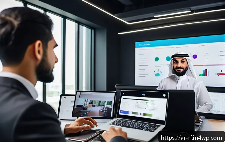 크리에이티브 허브에서의 효율적 자원 관리 - A modern Creative Hub office scene with a diverse Arabic team engaged in a focused meeting. The room...