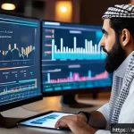 Home 18 크리에이티브 허브에서의 성과 기반 운영 - A modern digital workspace scene featuring a Middle Eastern creative professional analyzing performa...