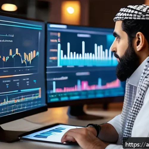 Home 30 크리에이티브 허브에서의 성과 기반 운영 - A modern digital workspace scene featuring a Middle Eastern creative professional analyzing performa...