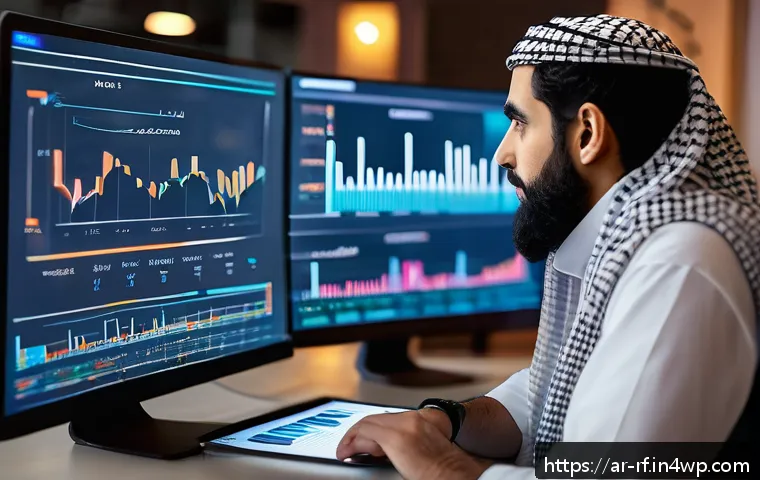 크리에이티브 허브에서의 성과 기반 운영 - A modern digital workspace scene featuring a Middle Eastern creative professional analyzing performa...