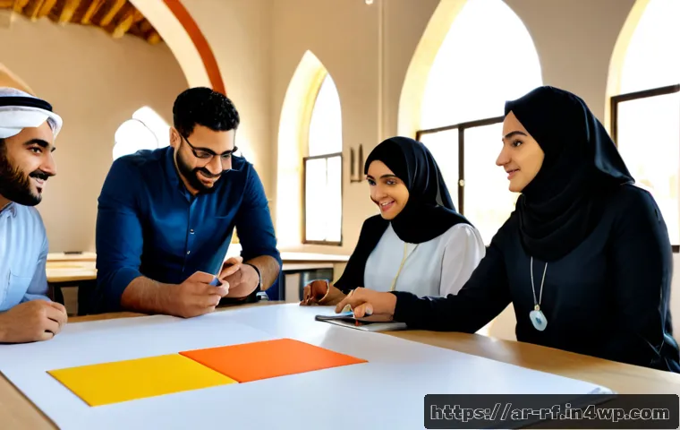 크리에이티브 허브에서의 다양한 협력 양식 - Photorealistic creative hub workshop in a modern Middle Eastern coworking space, diverse Arab profes...
